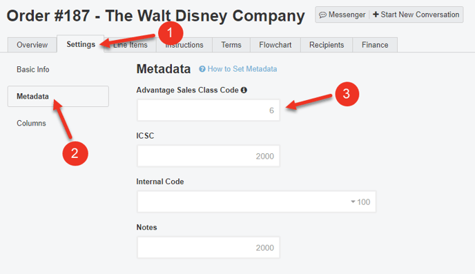 A screenshot of the Metadata section in the Settings Tab for an Order.