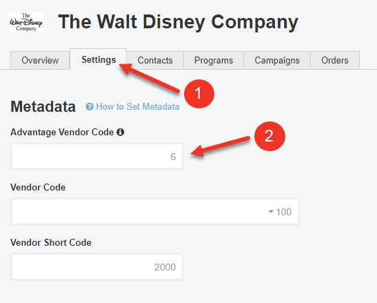 A screenshot of the Settings Tab of a Vendor.