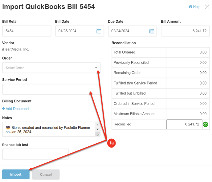 A screenshot of the import bills dialog.