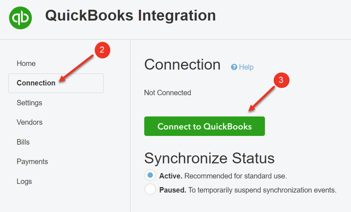 A screenshot of the QuickBooks Integration modal.