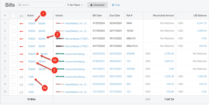 A screenshot of the Bills section and the various actions.