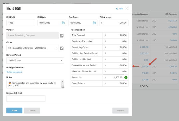 A screenshot of the Edit Bill modal.