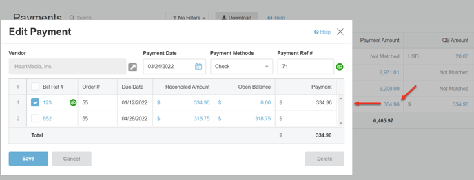 A screenshot of the Edit Payment modal.