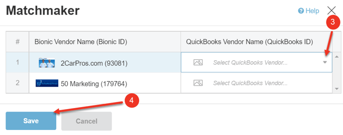 A screenshot of how to match a Bionic vendor to a QuickBooks vendor.