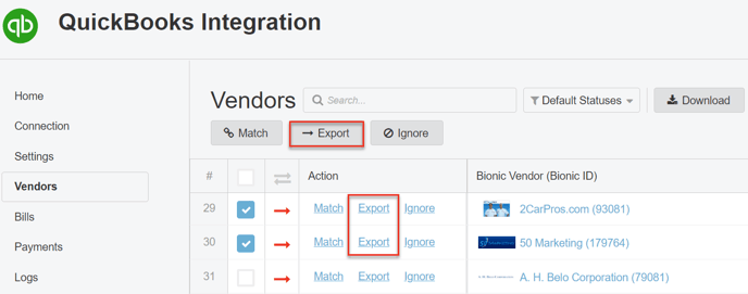 A screenshot of the Vendors section Export button.