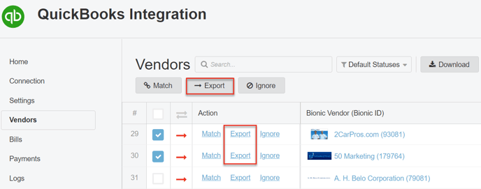 A screenshot of the Vendors section Export button.