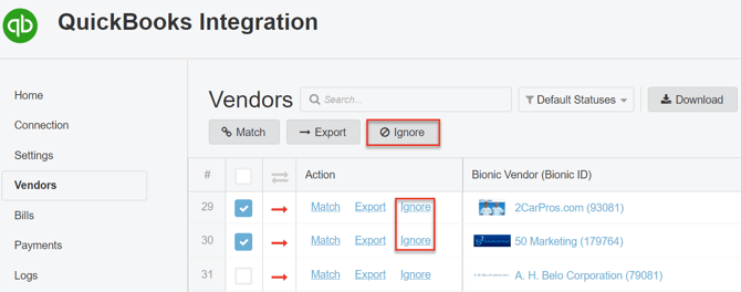 A screenshot of the Vendors section Ignore button.