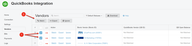 A screenshot of the vendors section and the match button.