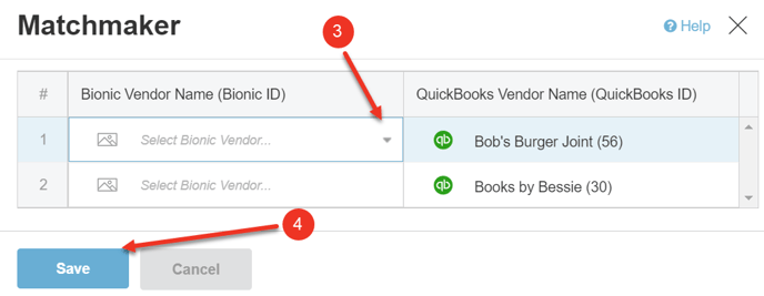 A screenshot of how to match a QuickBooks vendor to a Bionic vendor.