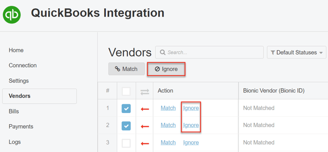 A screenshot of the Ignore options in the vendor section.