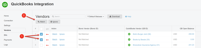 A screenshot of the Vendors section and the Match button.