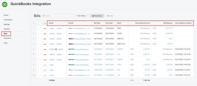 A screenshot of the Bills section.