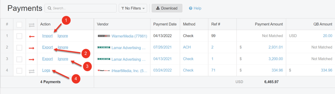 A screenshot of the Payments section and the various actions.