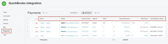 A screenshot of the Payments section.