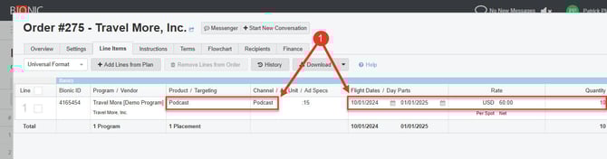 A screenshot of Line Items in an Order.