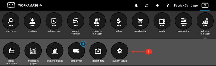 A screenshot of Workamajig menu highlighting system setup option.