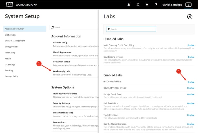 A screenshot of the Workamajig Labs page highlighting to enable (BETA) Media Plans option.