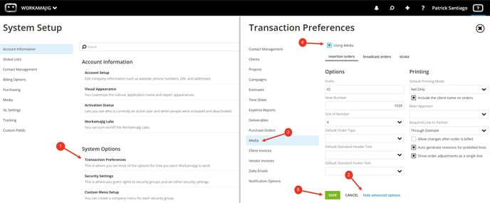 A sceenshot of Workamajig and how to enable Using Media option.