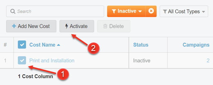 A screenshot of how to reactivate a cost.