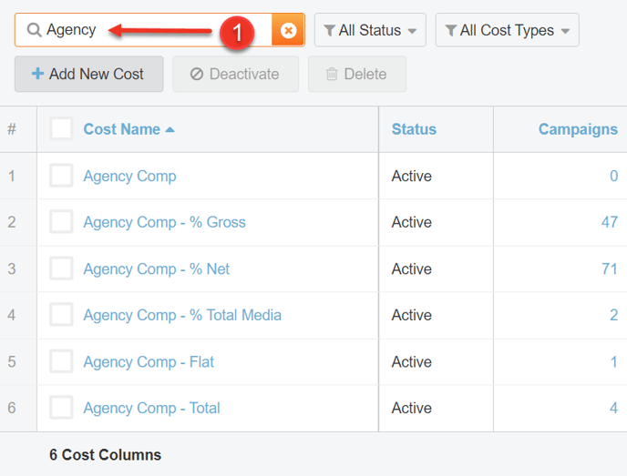 A screenshot of how to Search the Cost Columns Table.