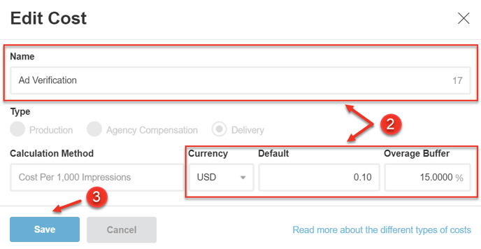 A screenshot of the editable fields when updating a cost.