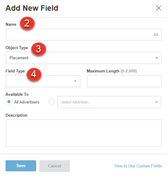 A screenshot of the add new field dialog when adding a custom field.