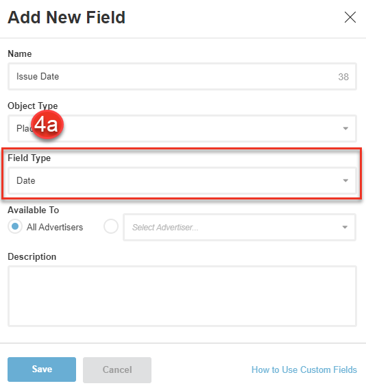 A screenshot of selecting the date field type when adding a custom field.