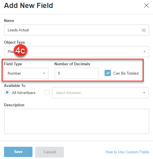 A screenshot of selecting the number field type when adding a custom field.