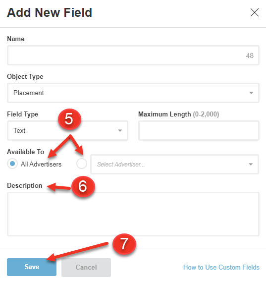 A screenshot of the add new field dialog and how to save a new custom field.