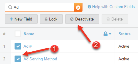 A screenshot of how to deactivate or reactivate a custom field.