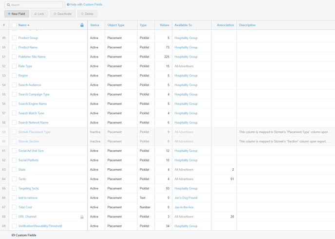 A screenshot of the Custom Fields Table.