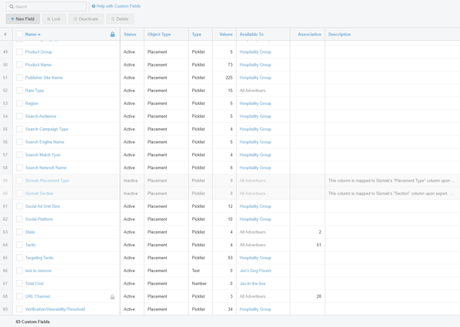 A screenshot of the Custom Fields Table.
