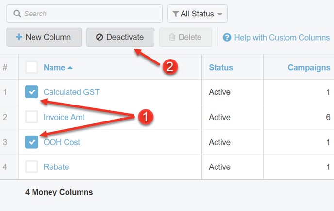 A screenshot of how to deactivate Money Columns.