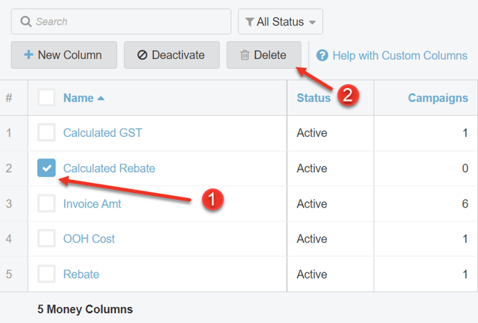 A screenshot of how to delete Money Columns.