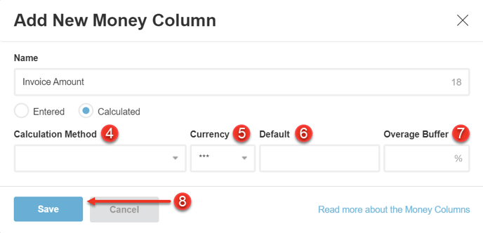 A screenshot of the Money Columns settings when selecting Calculated.