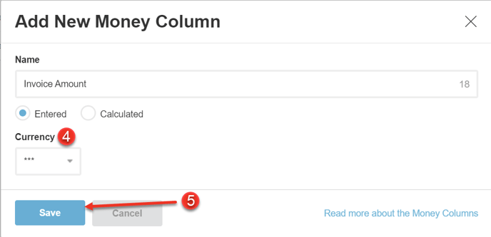 A screenshot of the Money Columns settings when selecting Entered.