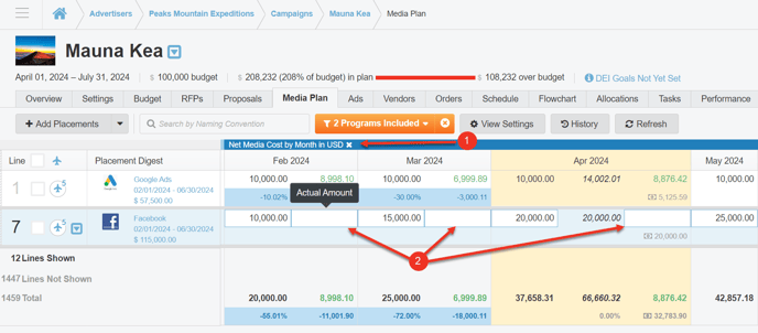 A screenshot of the Net Media Cost by Month section highlighting how to manually add actual spend.