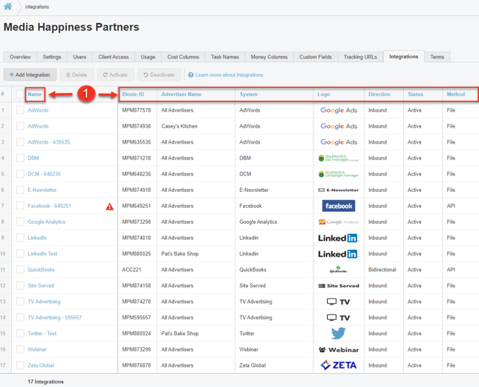 A screenshot of how to sort integrations in the integrations tab.