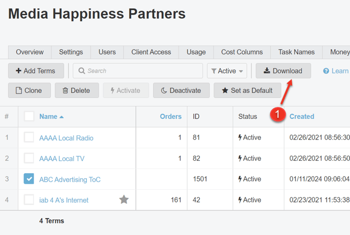 A screenshot of how to download a list of your terms in the Terms Tab.