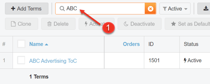 A screenshot of how to search for your terms in the Terms Tab.