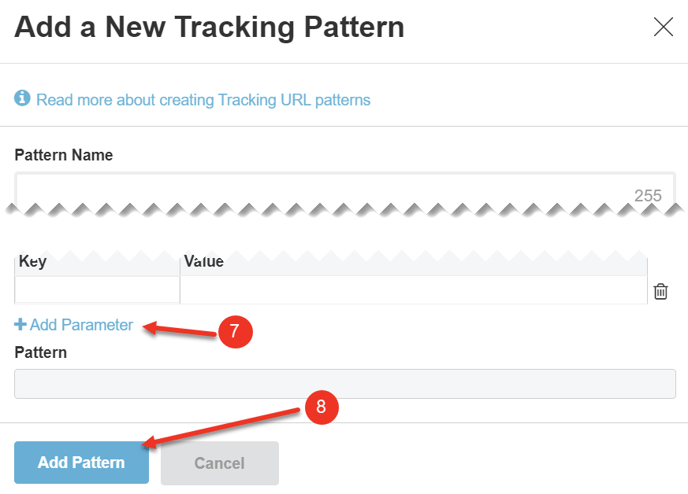 A screenshot of the Add a New Tracking Pattern dialog, highlighting the Add Pattern button.