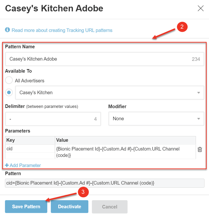 A screnshot of the Edit Tracking URL Pattern dialog.