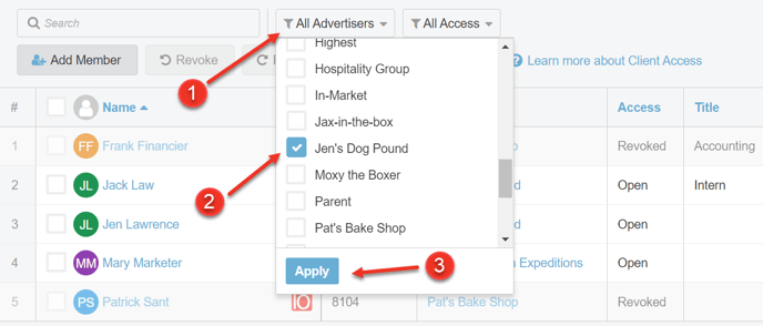 A screenshot of steps 1 through 3 on how to filter users as explained on this page.