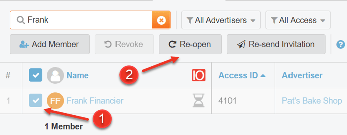 A screenshot of how to re-open access to an advertiser for a user as explained on this page.