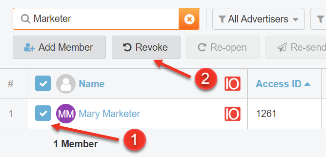 A screenshot of how to revoke a user's advertiser access as explained on this page.