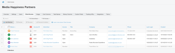 A screenshot of the Client Access Table in the Users Tab in Bionic.