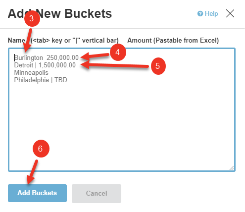 A screenshot of the Add New Buckets dialog.