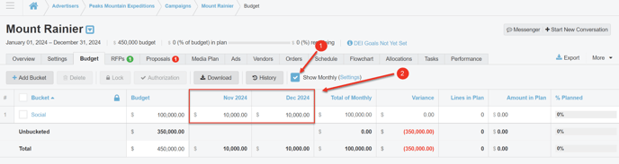 A screenshot of how to add monthly budgets to a bucket.