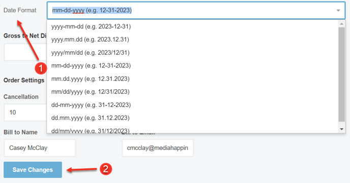 A screenshot of how to set default organizational date format as explained on this page.