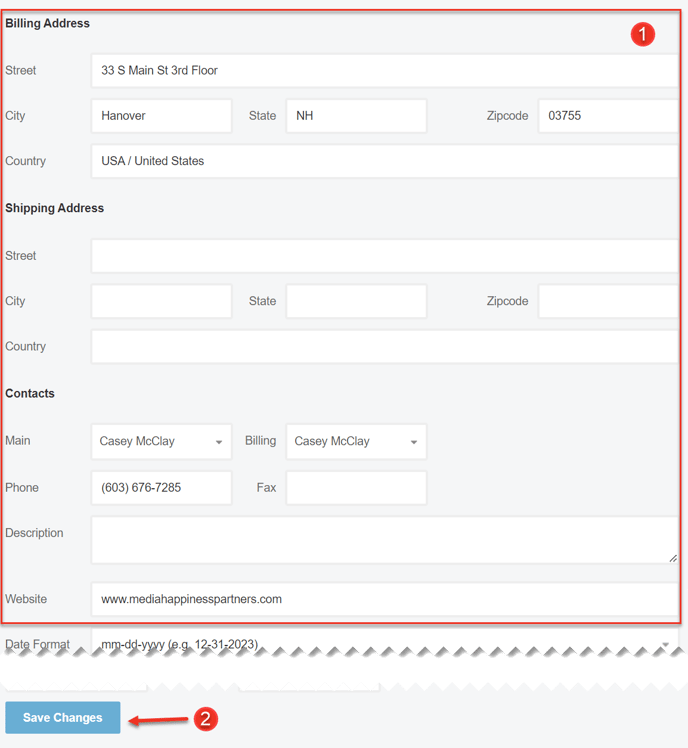 A screenshot of how to update address and main contact info as explained on this page.